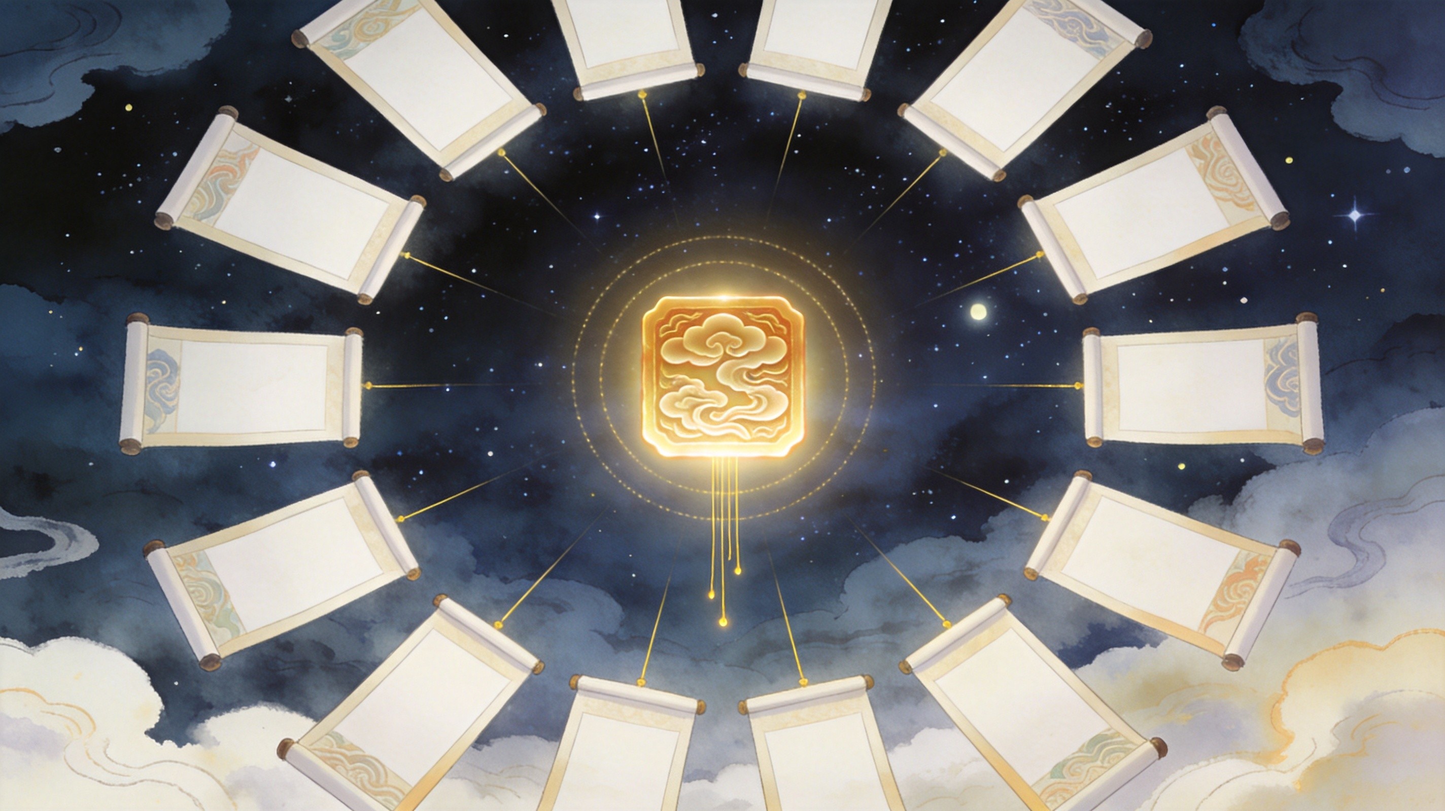 灵感山羊手托暖金云纹玉印,一圈风格完全一致的宣传画卷如星环般被金丝牵住