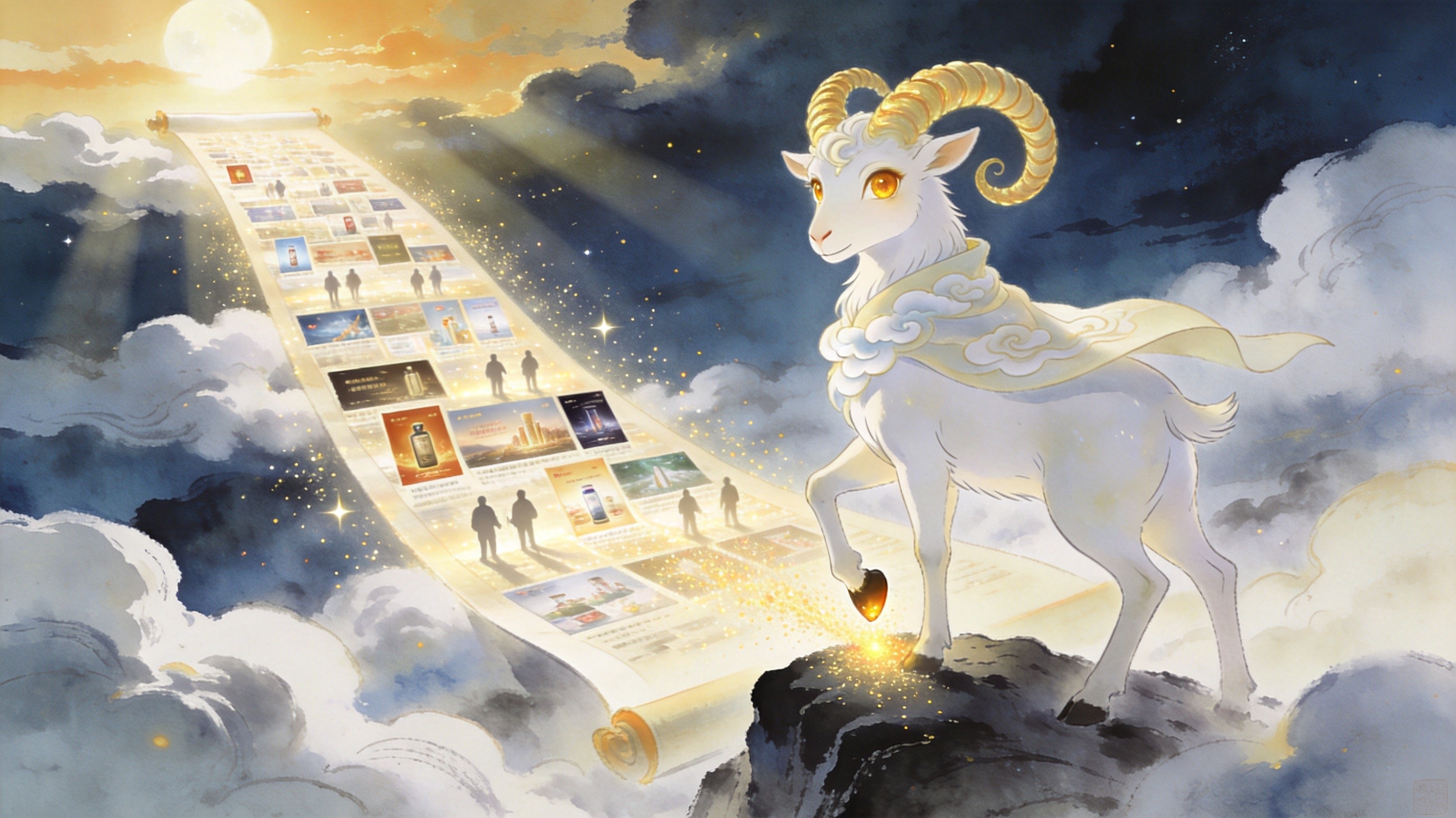 灵感山羊立于云海之巅，蹄下灵感光尘铺展成浩瀚的产品宣传长卷，通向云开之处